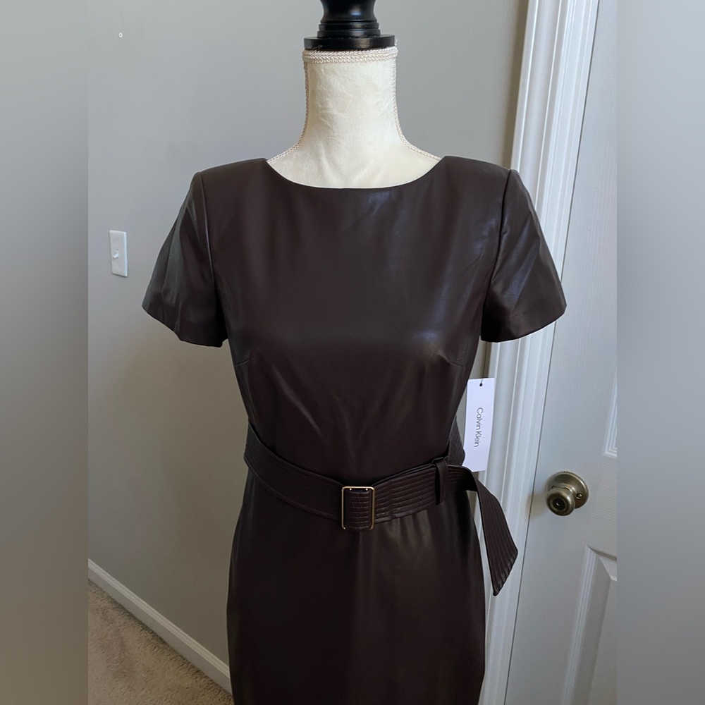NWT Calvin Klein Belted Faux Leather Sheath Dress - Espresso Brown - Picture 4 of 16